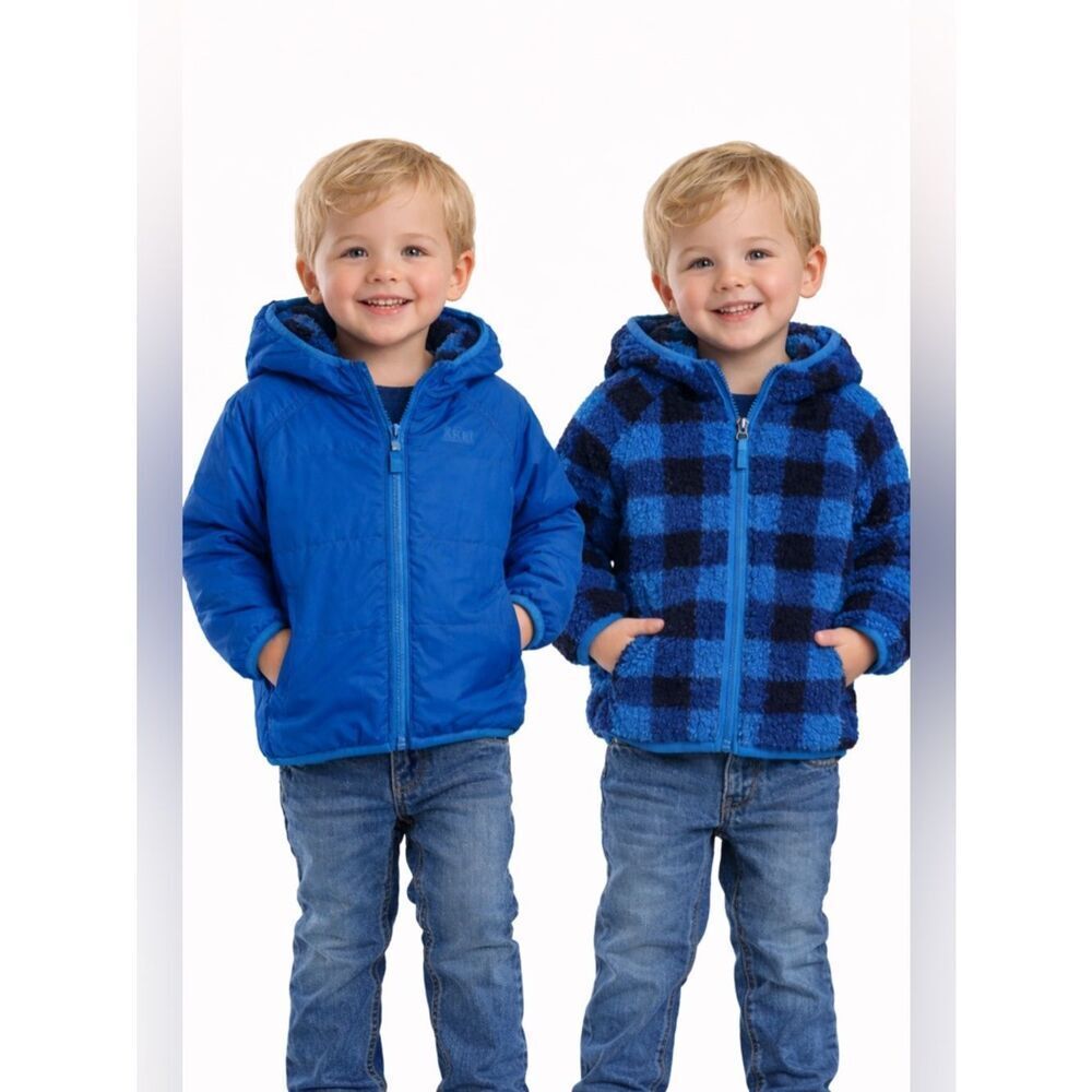 REI Reversible Toddler Jacket 2T | Blue Puff Coat + Plaid Fleece | Hooded